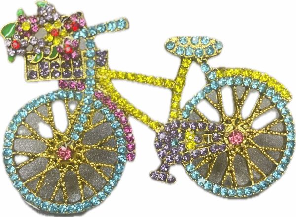 Брошка металева , велосипед, оздоблений кристалам у блакитних відтінках, 55 мм мм ,ZB-411